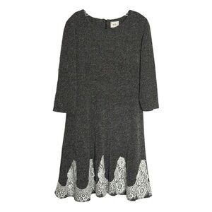 Eci New York Stretch Fit & Flare Dress Size L Gray Tweed Boho Lace